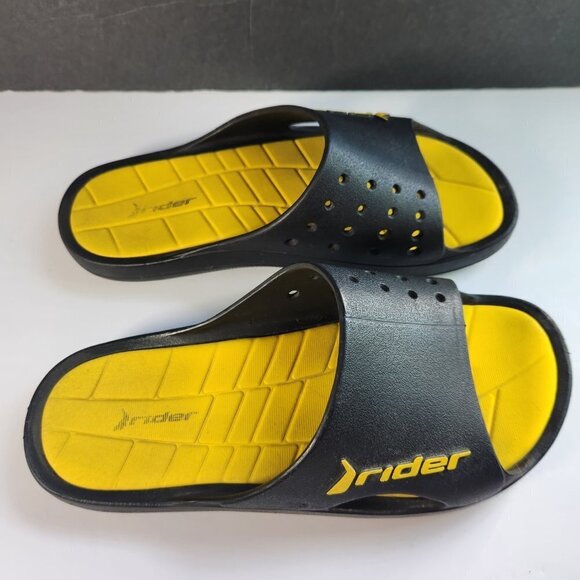 Rider Bay Slip On Slide Sandals Mens 8 Womens 9.5 Black Yellow Rubber Brazil - Picture 9 of 12